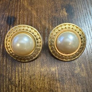 Vintage Large Chunky Gold Tone Clip on Earrings With Center Faux Pearl Accent